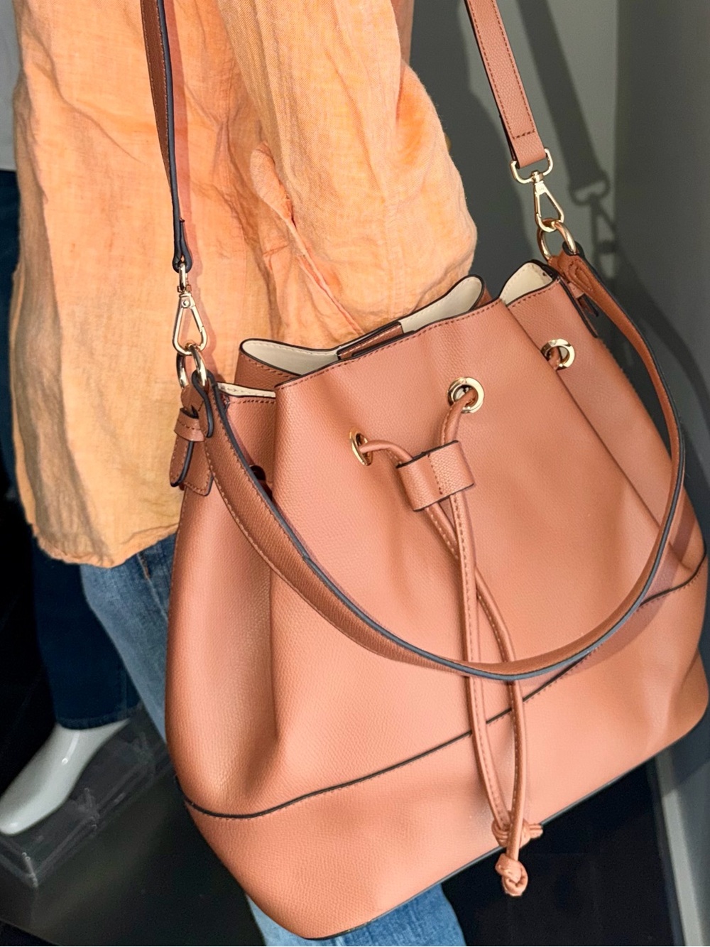 H&M Peach Drawstring Bucket Shoulder Bag with Gold Hardware